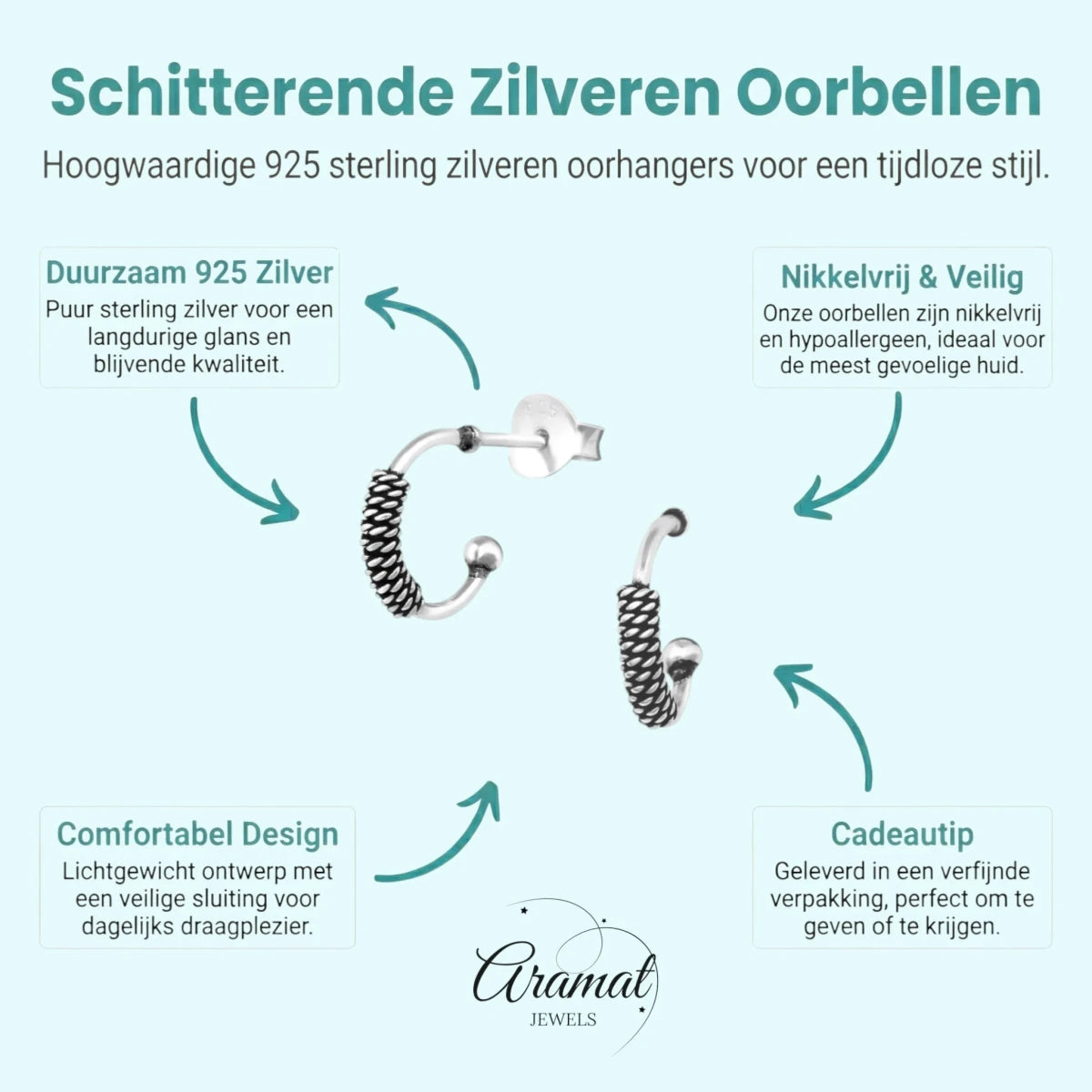 Zilveren Halve Hoepel Oorbellen Bali Geoxideerd -