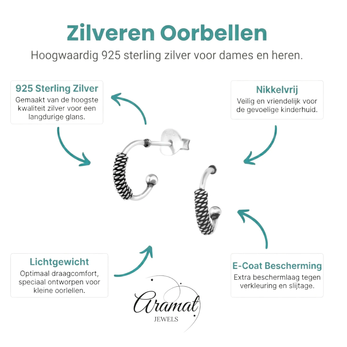 Zilveren Halve Hoepel Oorbellen Bali Geoxideerd -