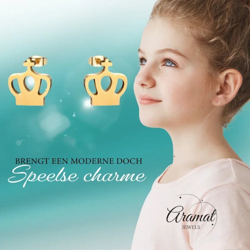 Stalen Kroontjes Oorbellen | Gouden RVS Oorstekers -