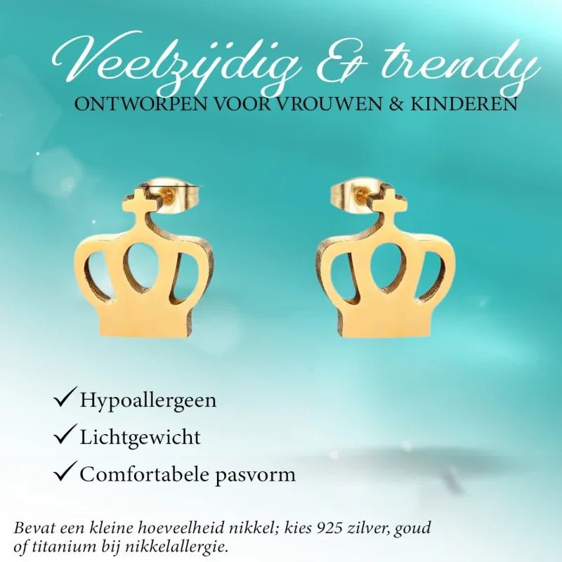 Stalen Kroontjes Oorbellen | Gouden RVS Oorstekers -