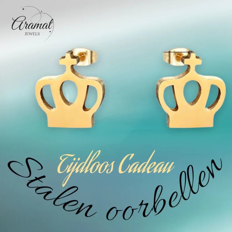 Stalen Kroontjes Oorbellen | Gouden RVS Oorstekers -