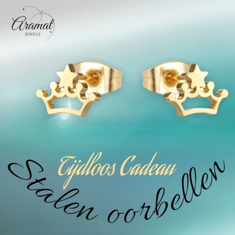 Stalen Kroontjes Oorbellen | Goudkleurig RVS -