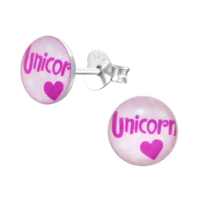 Ronde Zilveren Oorbellen - Unicorn Tekst & Roze Acryl -