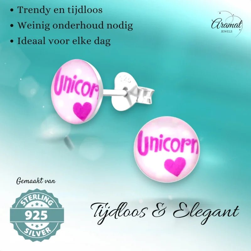 Ronde Zilveren Oorbellen - Unicorn Tekst & Roze Acryl -