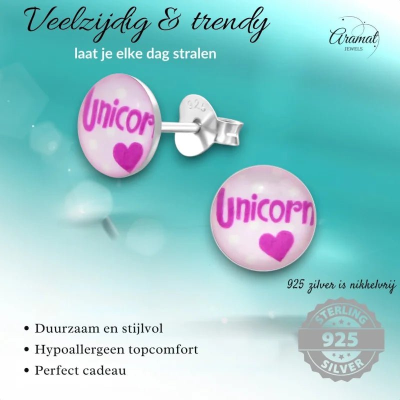 Ronde Zilveren Oorbellen - Unicorn Tekst & Roze Acryl -