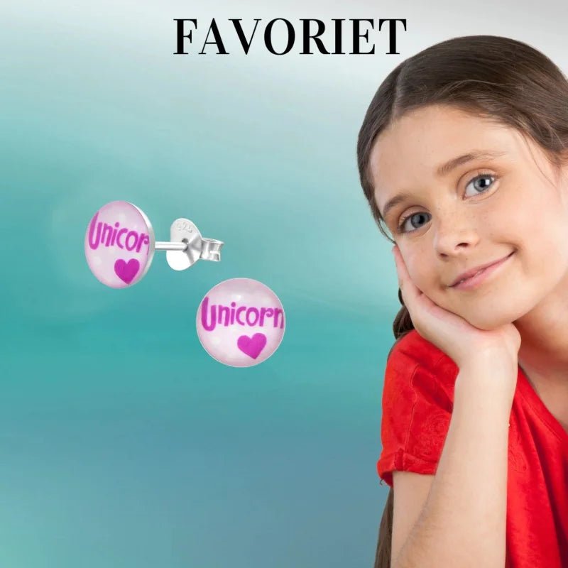 Ronde Zilveren Oorbellen - Unicorn Tekst & Roze Acryl -