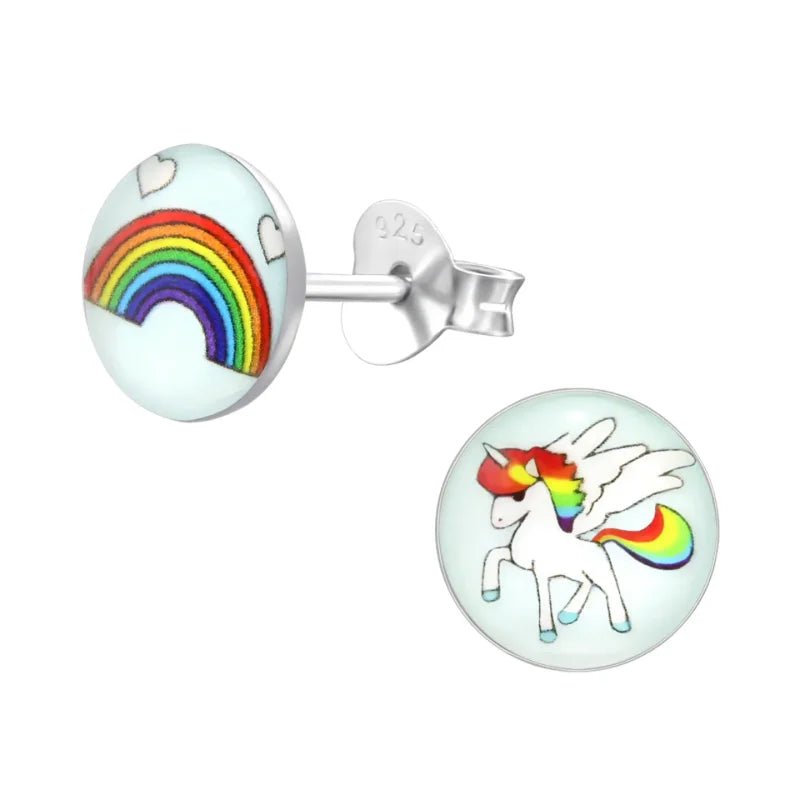 Unicorn Zilveren Oorbellen - Regenboog & Eenhoorn Cadeau - Unisex