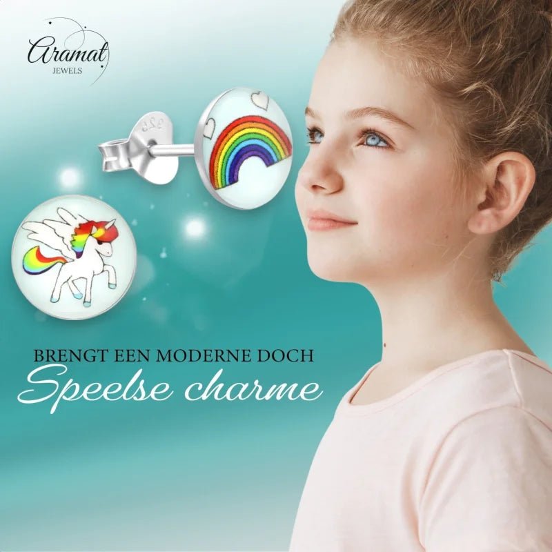 Unicorn Zilveren Oorbellen - Regenboog & Eenhoorn Cadeau - Unisex