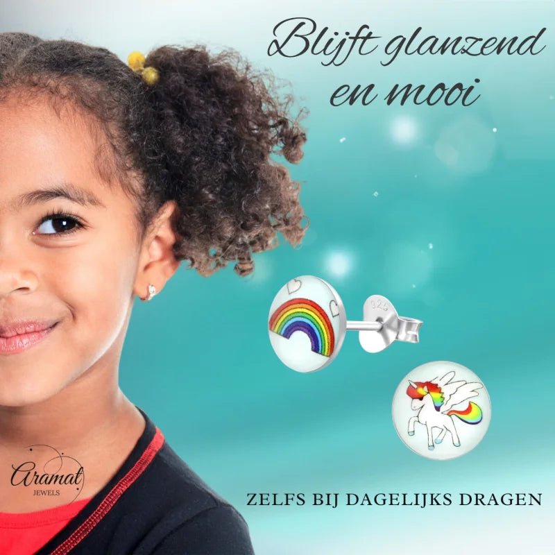 Unicorn Zilveren Oorbellen - Regenboog & Eenhoorn Cadeau - Unisex
