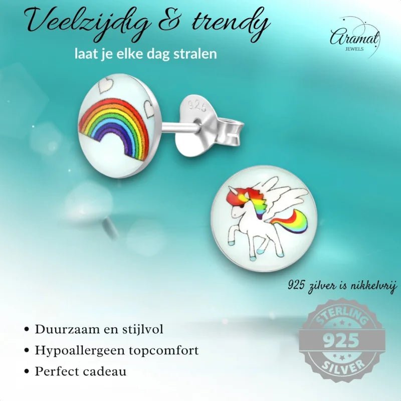 Unicorn Zilveren Oorbellen - Regenboog & Eenhoorn Cadeau - Unisex