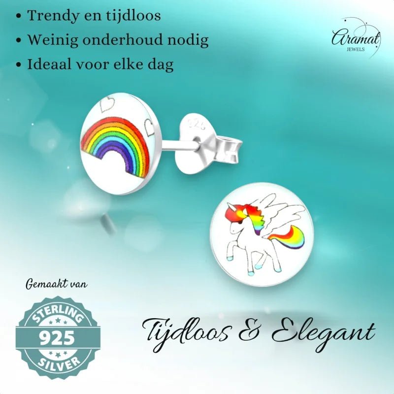 Unicorn Zilveren Oorbellen - Regenboog & Eenhoorn Cadeau - Unisex