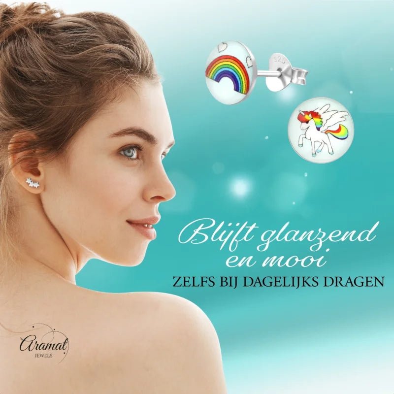 Unicorn Zilveren Oorbellen - Regenboog & Eenhoorn Cadeau - Unisex