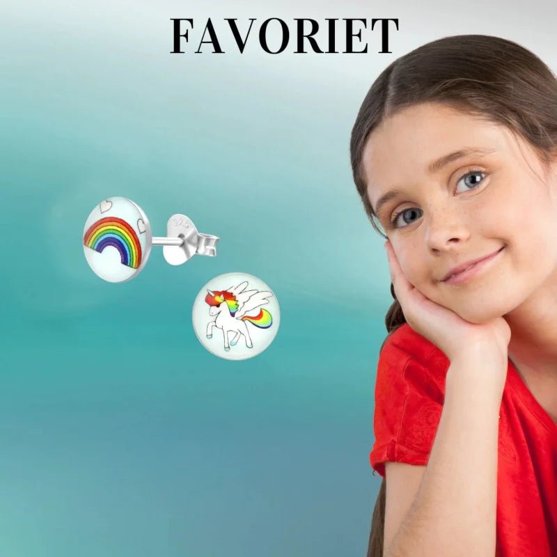 Unicorn Zilveren Oorbellen - Regenboog & Eenhoorn Cadeau - Unisex