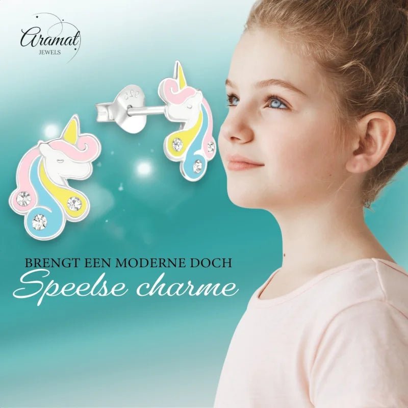 Unieke Zilveren Unicorn Oorbellen - Pastel & Kristal -