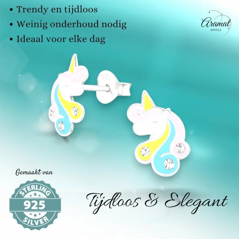 Unieke Zilveren Unicorn Oorbellen - Pastel & Kristal -
