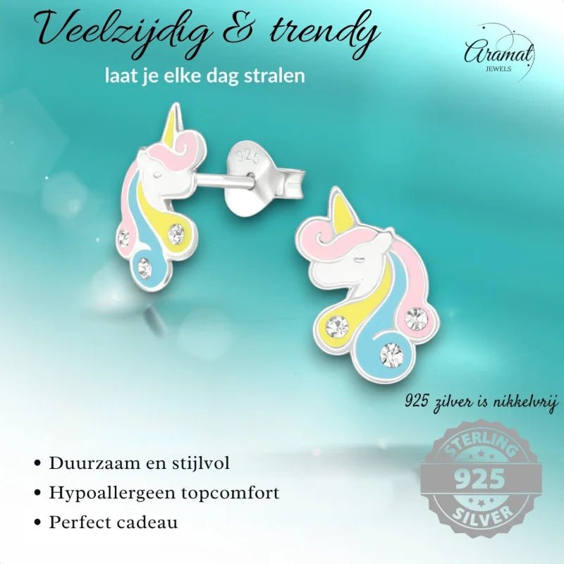 Unieke Zilveren Unicorn Oorbellen - Pastel & Kristal -