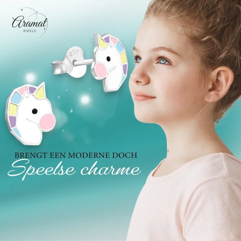 Echt Zilveren Unicorn Oorbellen - Wit & Pastelkleuren -