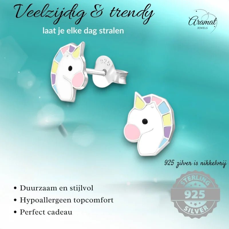 Echt Zilveren Unicorn Oorbellen - Wit & Pastelkleuren -