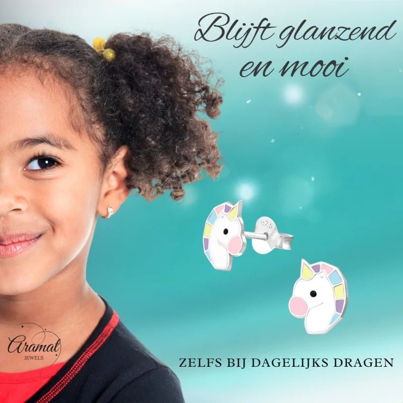 Echt Zilveren Unicorn Oorbellen - Wit & Pastelkleuren -