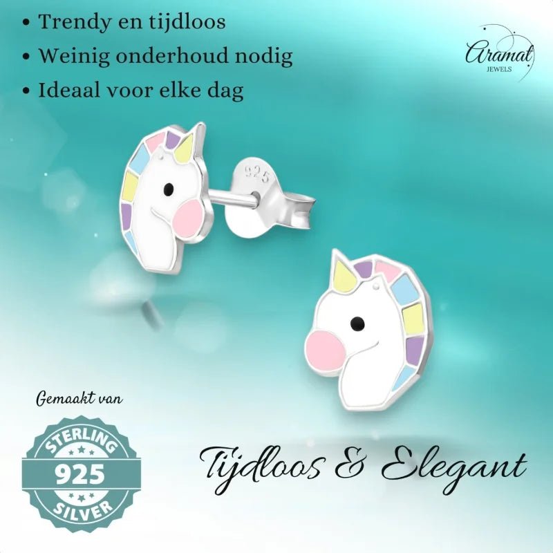 Echt Zilveren Unicorn Oorbellen - Wit & Pastelkleuren -
