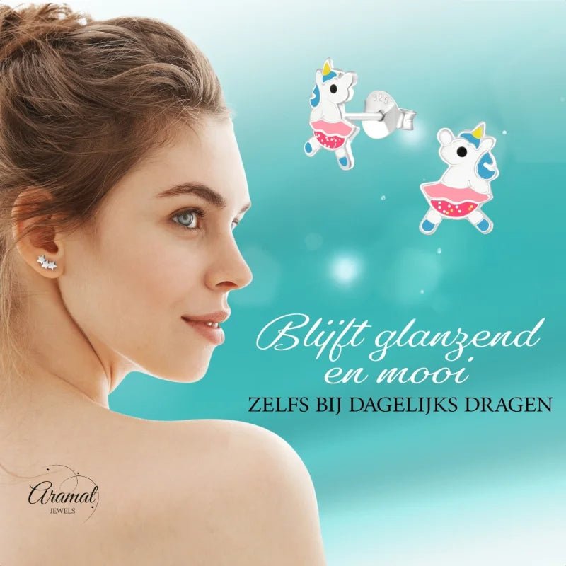 Zilveren Unicorn Oorbellen - Dansende Eenhoorn Cadeautje -