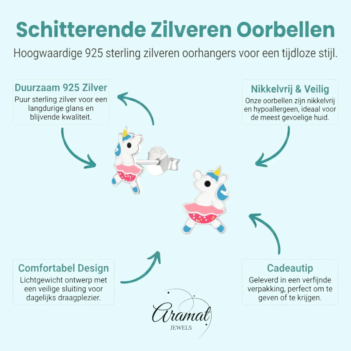 Zilveren Unicorn Oorbellen - Dansende Eenhoorn Cadeautje -