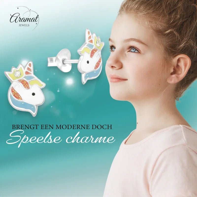 Unieke Zilveren Unicorn Oorbellen - Kristal & Emaille -