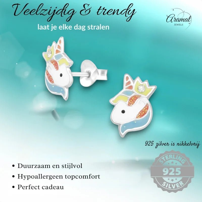 Unieke Zilveren Unicorn Oorbellen - Kristal & Emaille -