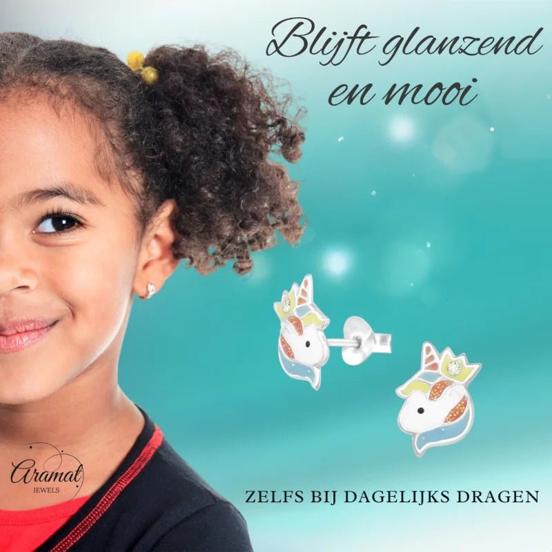 Unieke Zilveren Unicorn Oorbellen - Kristal & Emaille -