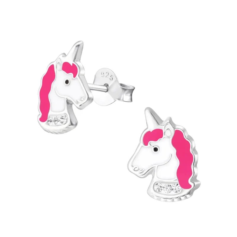 Unieke Zilveren Unicorn Oorbellen - Wit & Donker Roze -