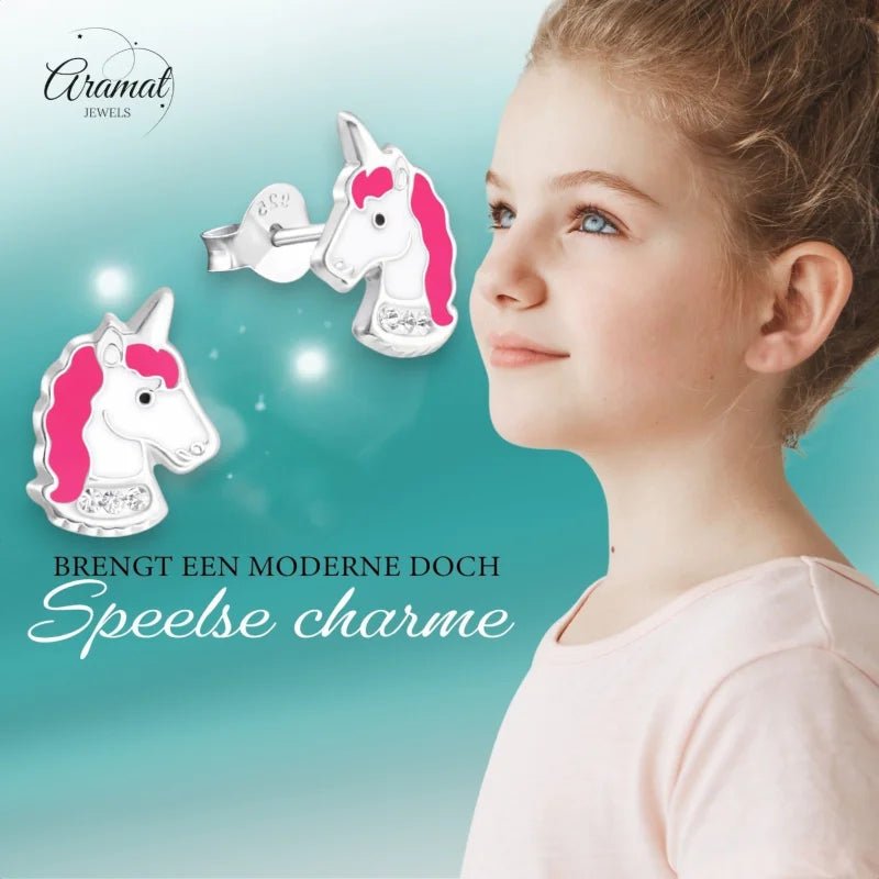 Unieke Zilveren Unicorn Oorbellen - Wit & Donker Roze -