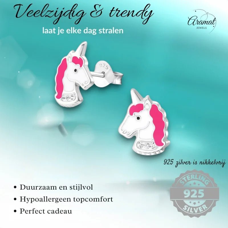 Unieke Zilveren Unicorn Oorbellen - Wit & Donker Roze -