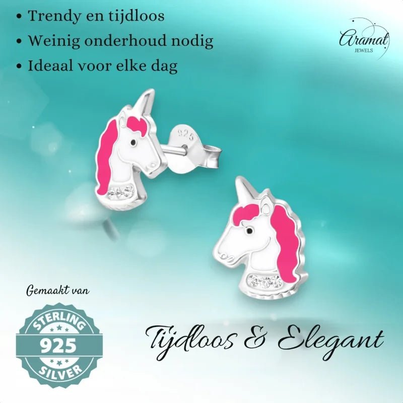 Unieke Zilveren Unicorn Oorbellen - Wit & Donker Roze -