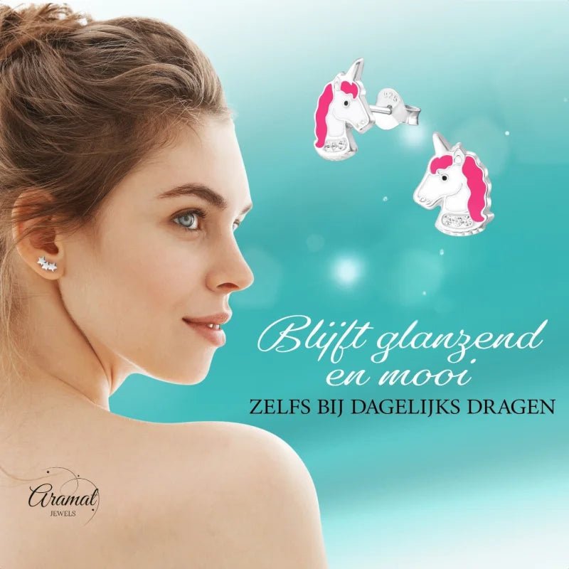 Unieke Zilveren Unicorn Oorbellen - Wit & Donker Roze -