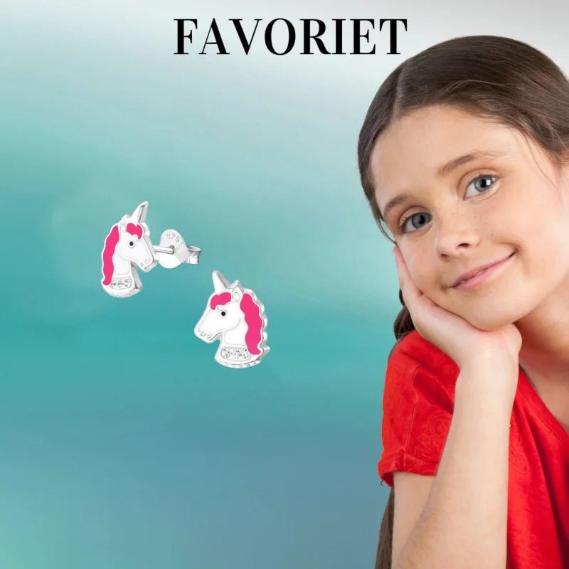 Unieke Zilveren Unicorn Oorbellen - Wit & Donker Roze -