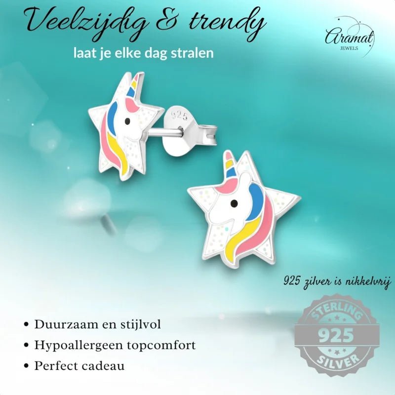 Unieke Zilveren Unicorn Oorbellen - Ster & Glitter -