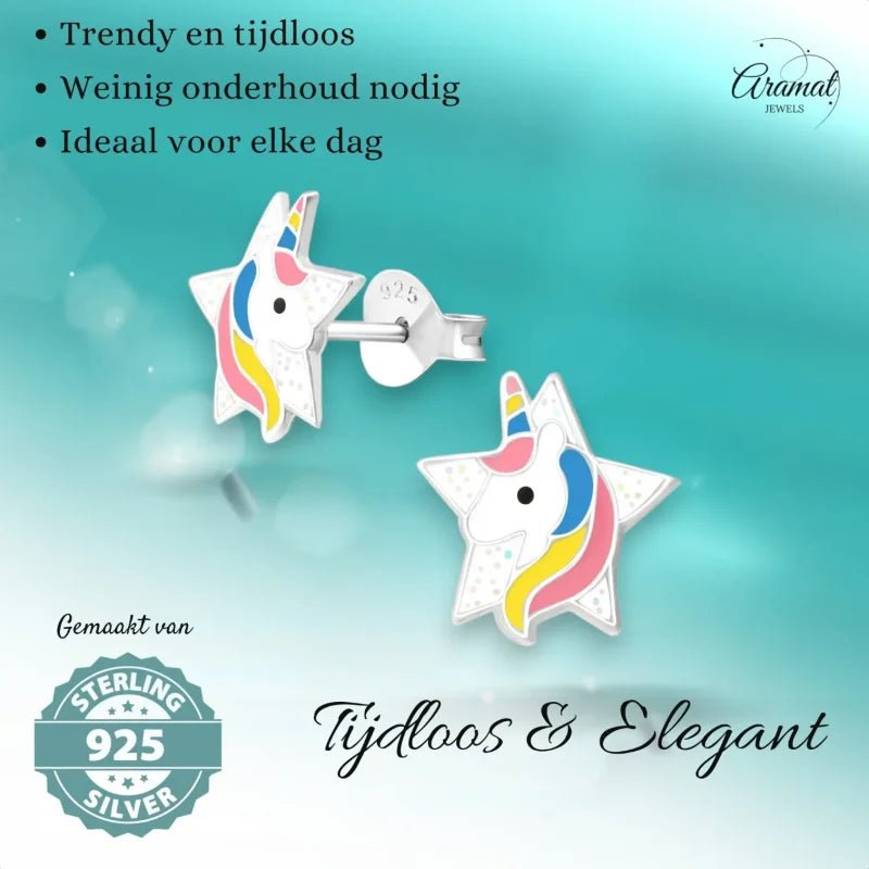 Unieke Zilveren Unicorn Oorbellen - Ster & Glitter -