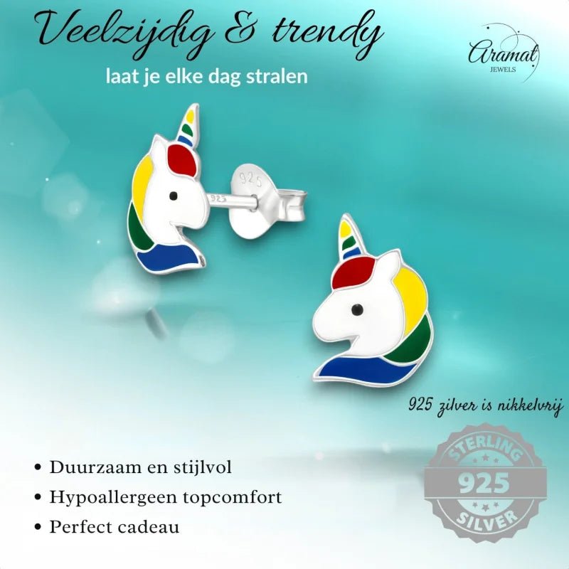 Unieke Zilveren Unicorn Oorbellen - Regenboog Cadeautje -