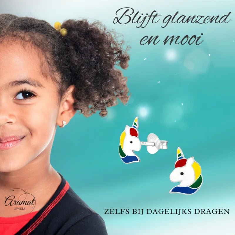 Unieke Zilveren Unicorn Oorbellen - Regenboog Cadeautje -