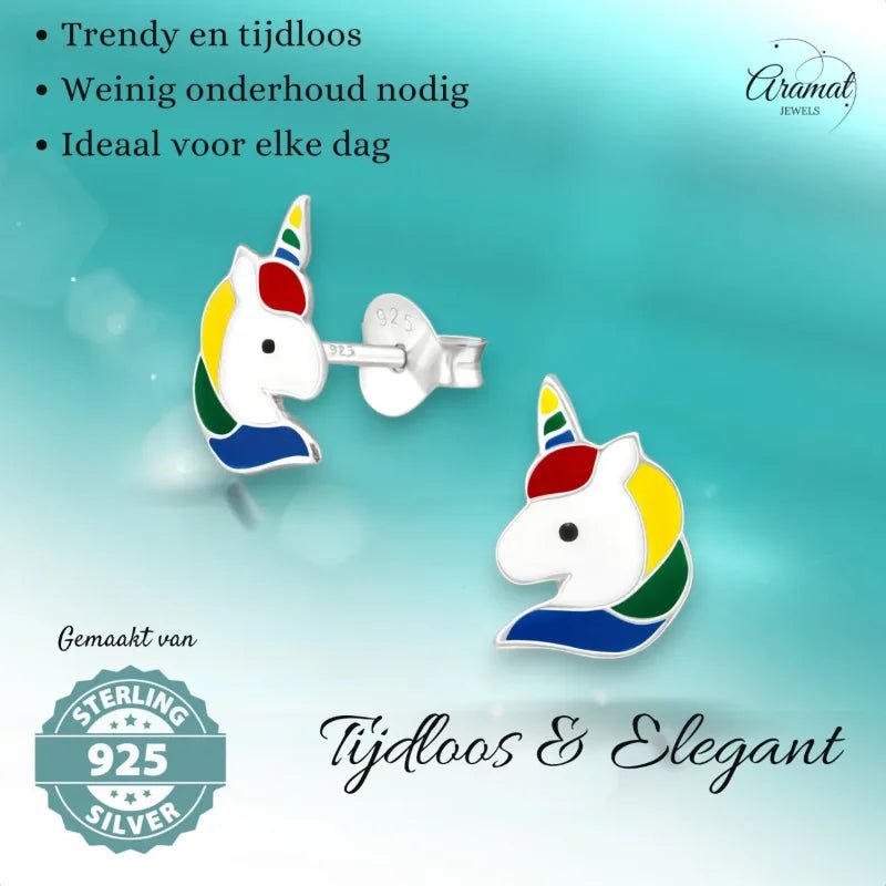 Unieke Zilveren Unicorn Oorbellen - Regenboog Cadeautje -
