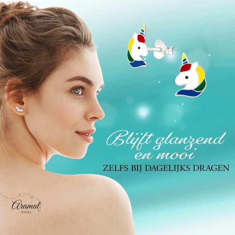 Unieke Zilveren Unicorn Oorbellen - Regenboog Cadeautje -
