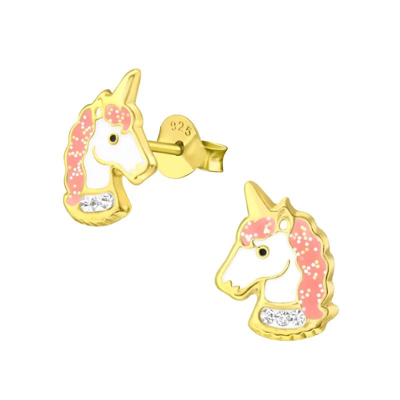 Unieke Zilveren Unicorn Oorbellen - Goudkleurig & Kristal -