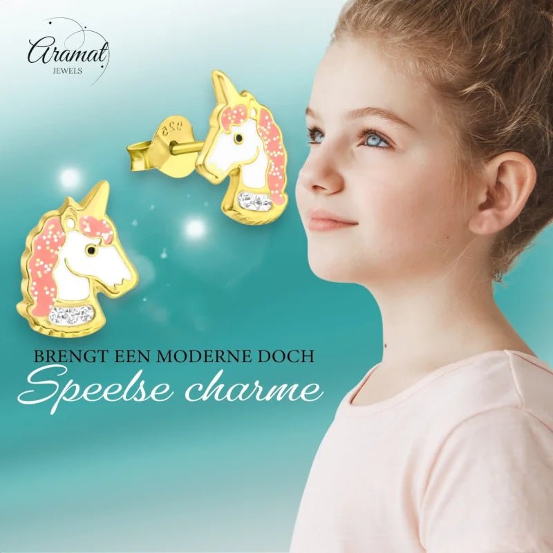 Unieke Zilveren Unicorn Oorbellen - Goudkleurig & Kristal -