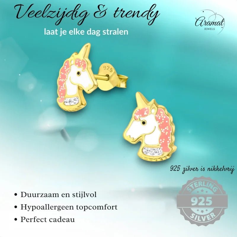 Unieke Zilveren Unicorn Oorbellen - Goudkleurig & Kristal -