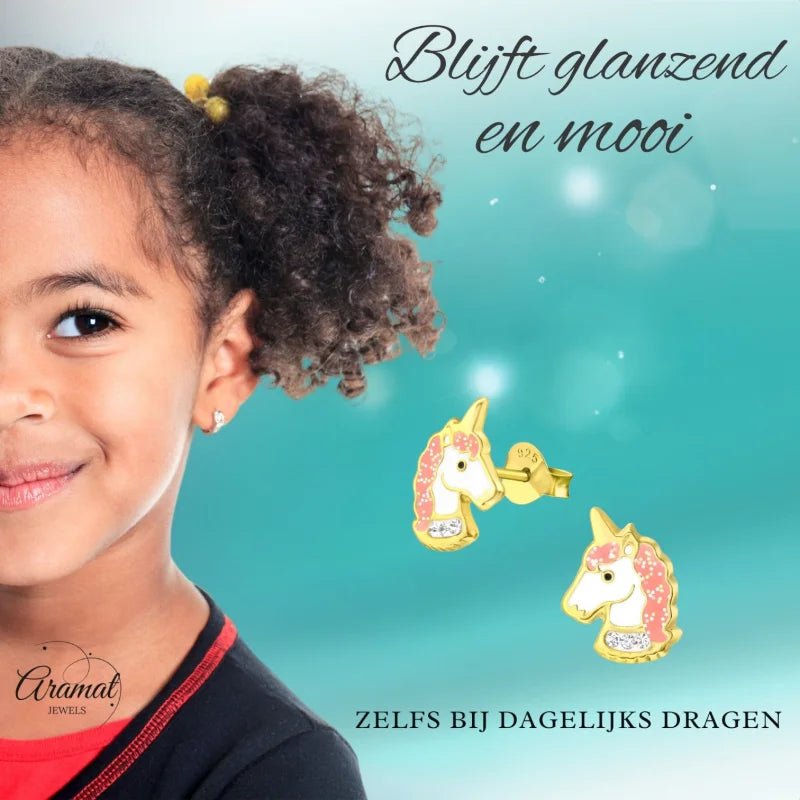 Unieke Zilveren Unicorn Oorbellen - Goudkleurig & Kristal -