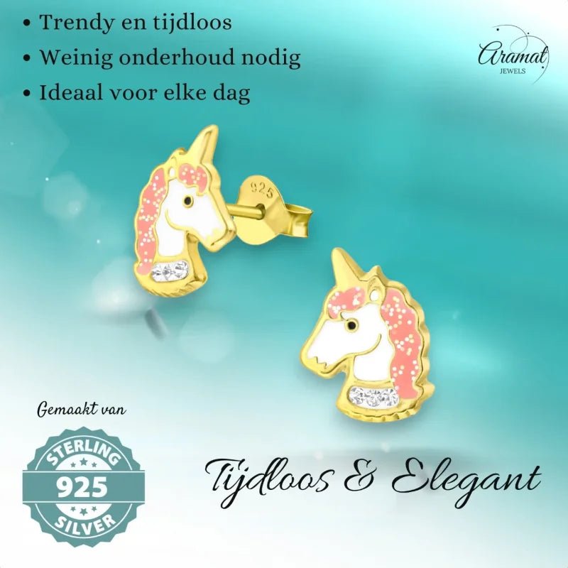 Unieke Zilveren Unicorn Oorbellen - Goudkleurig & Kristal -
