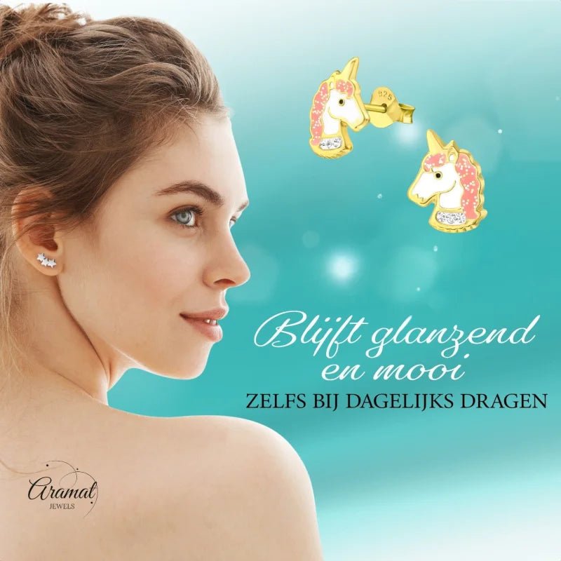 Unieke Zilveren Unicorn Oorbellen - Goudkleurig & Kristal -