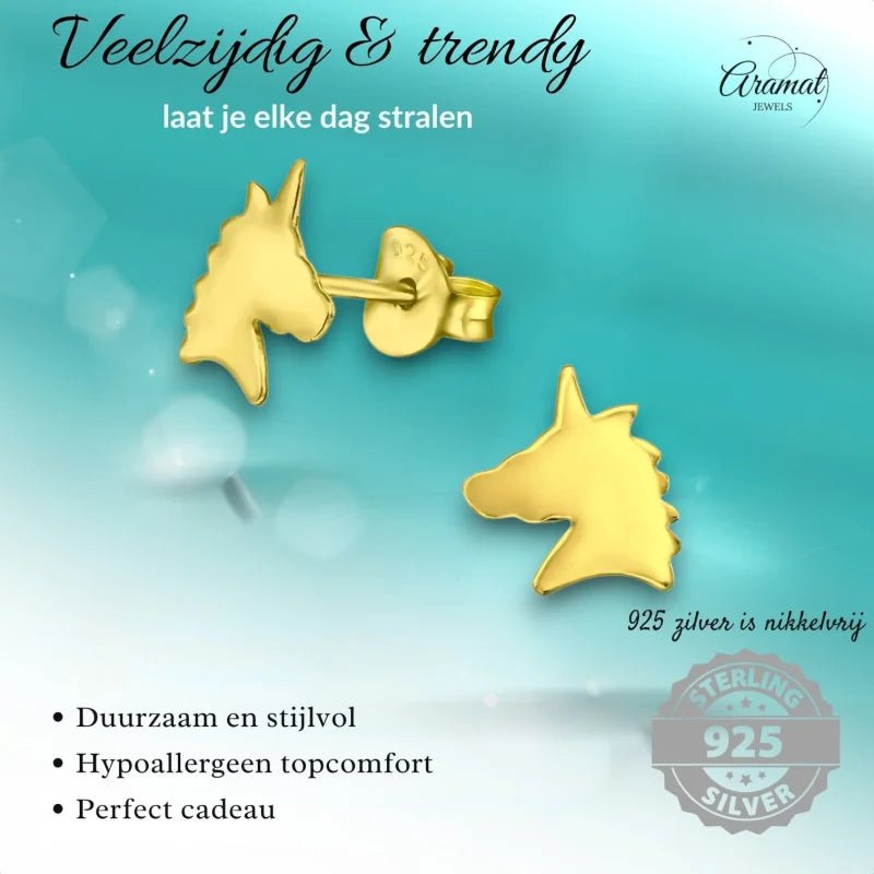 Unieke Zilveren Unicorn Oorbellen - Trendy Goldplated -