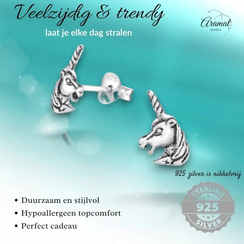 Zilveren Unicorn Oorbellen geoxideerd- Cadeau Tip -