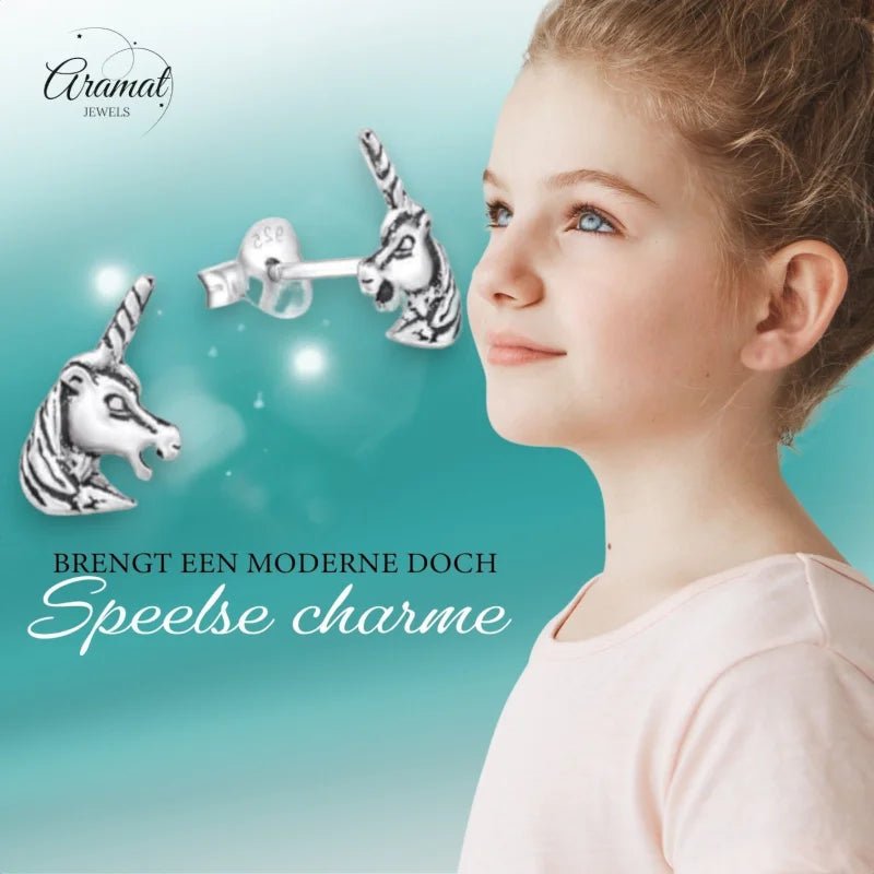 Zilveren Unicorn Oorbellen geoxideerd- Cadeau Tip -